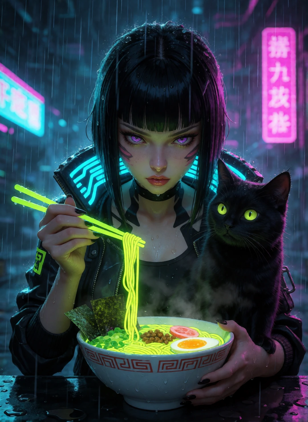 Cyberpunk woman with her cat, neon Ramen and the rain