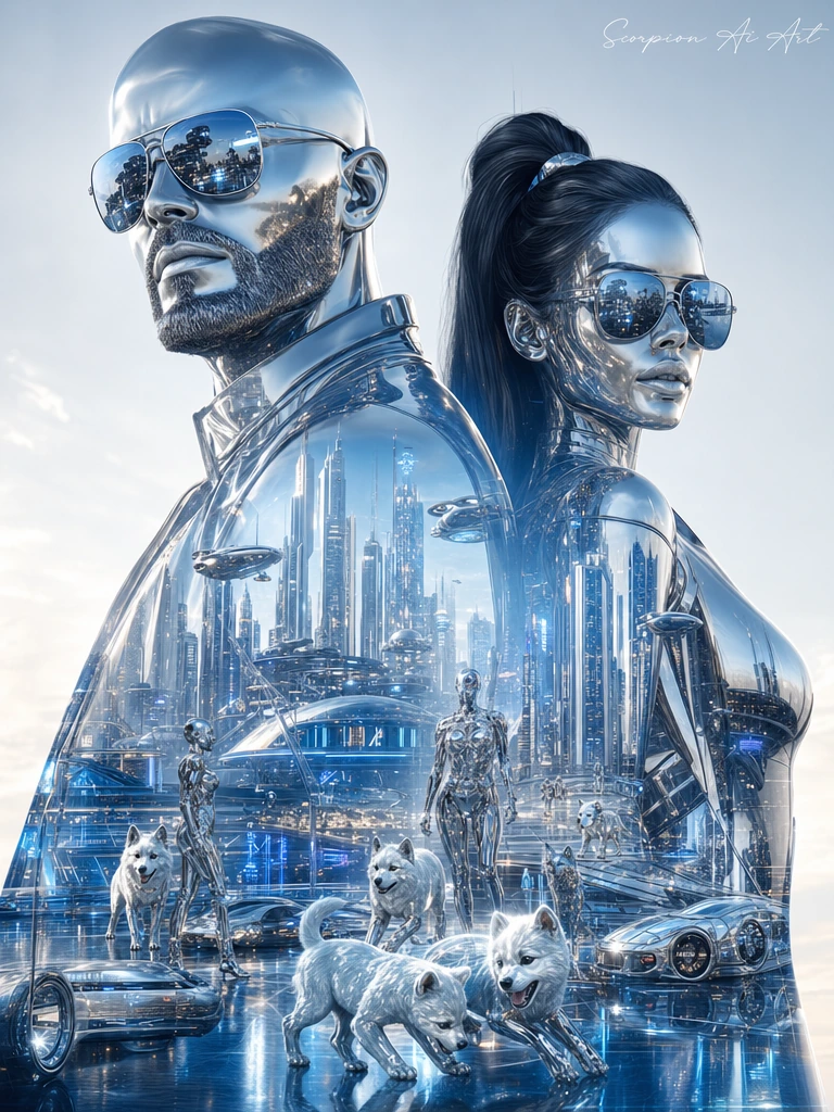 Hajime Sorayama Inspired Prompt: Create a breathtaking cinematic double exposure masterpiece featuring a bald man with a neatly trimmed beard wearing stylish sunglasses standing beside a bombshell brunette with a long high ponytail, accompanied by th