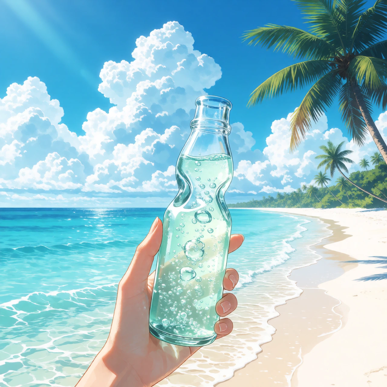 ηΉη΄°γͺγ€γ©γΉγγ2020s Japanese illustration trend, transparency, captivating. A beautiful summer seaside illustration, the ocean as the main subject, a slender ramune-style glass bottle held by a beautiful womanβs hand near the center of the composition, sun