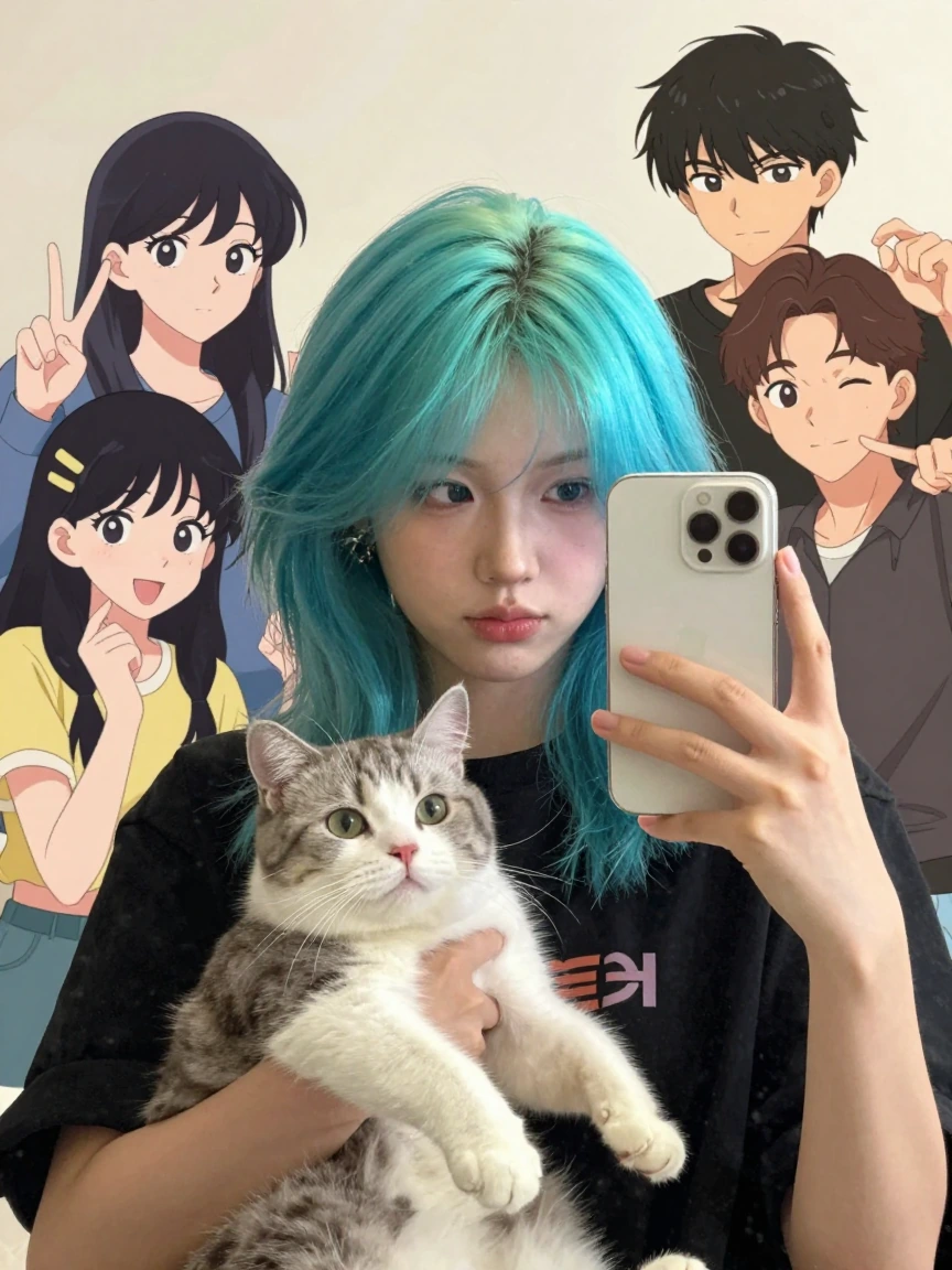 Crazy girlfriend, Neon Aqua hair, taking a selfie with her cat and getting photo bombed by illustrated anime characters