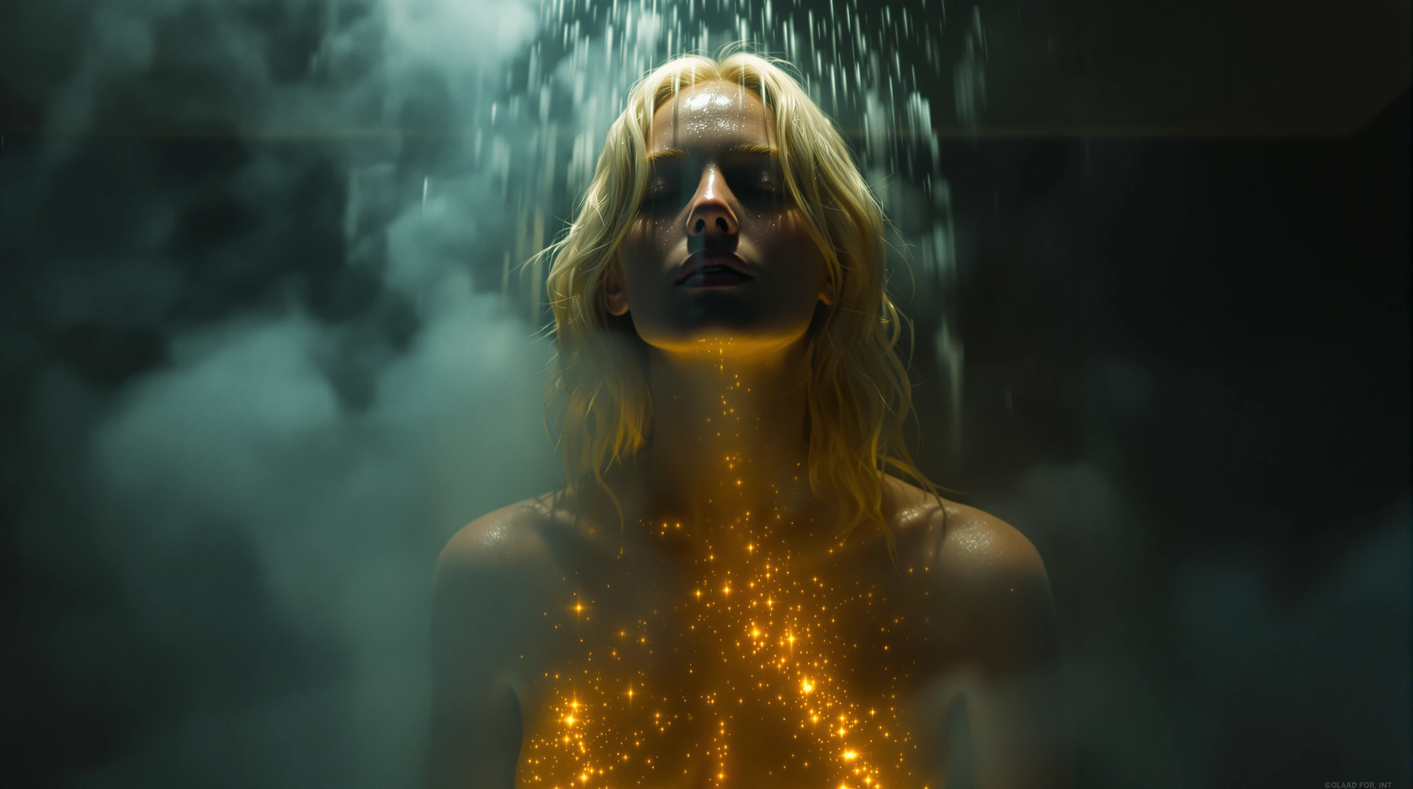 Vapor-filled shower stall obscures cleansing figure, blonde hair visible through mist as inky corruption washes away. Radiant golden light bursts from her sternum region, transformation symbolized through contrasting dark/light elements while maintai