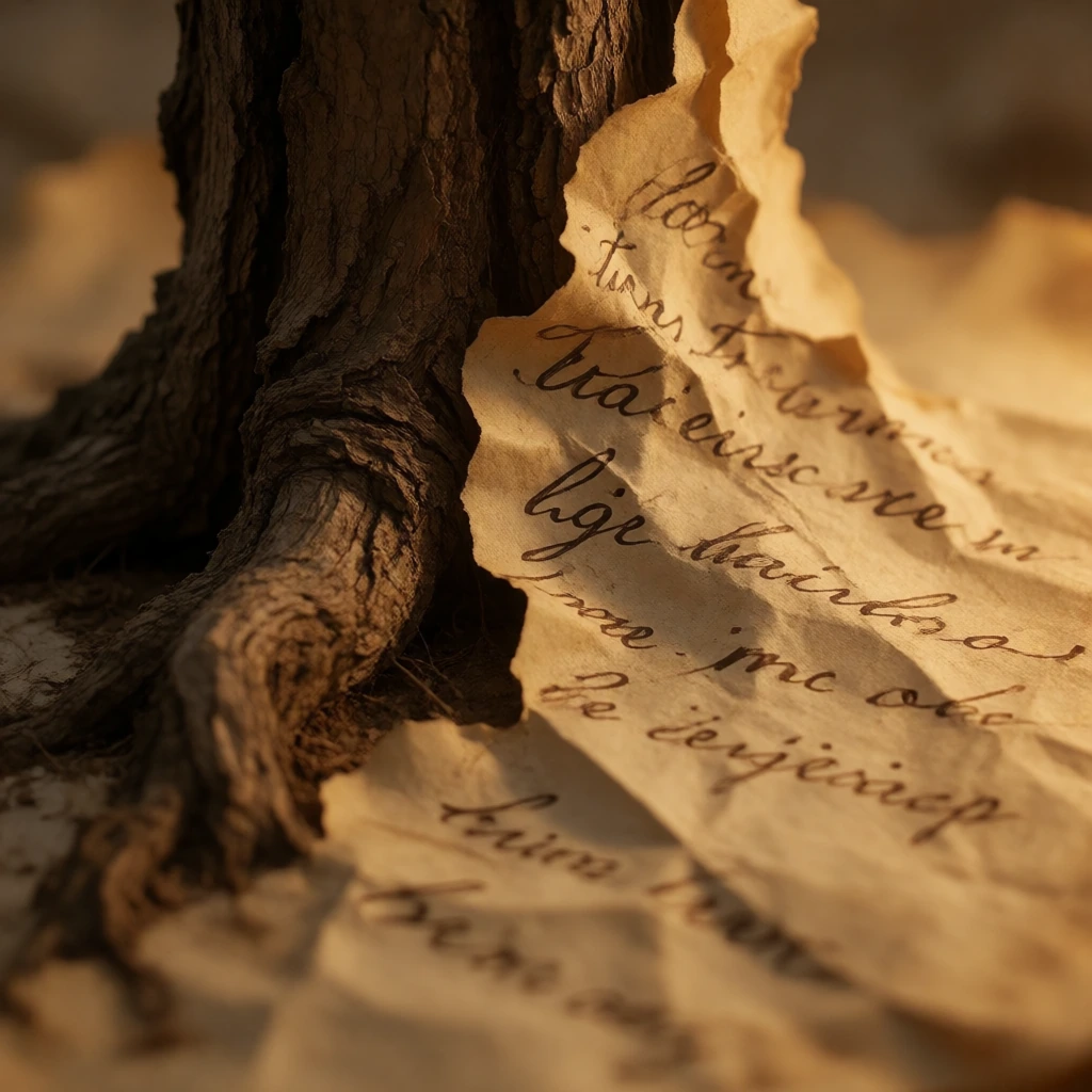 Ancient gnarled tree trunk in close-up, its bark morphing seamlessly into aged parchment paper mid-transformation, surface textured with both wood grain and creased folds, inked with handwritten text in fading cursive script that winds across the bou