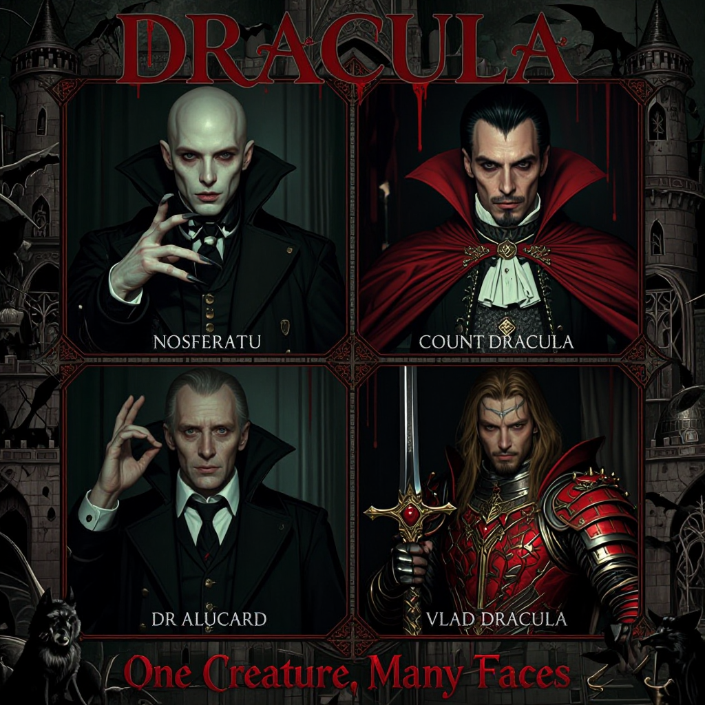 Please uses the Titles, Tagline and Labels as text. Please use the description to form the image. Quad image; Top Title: DRACULA (Title should be writ