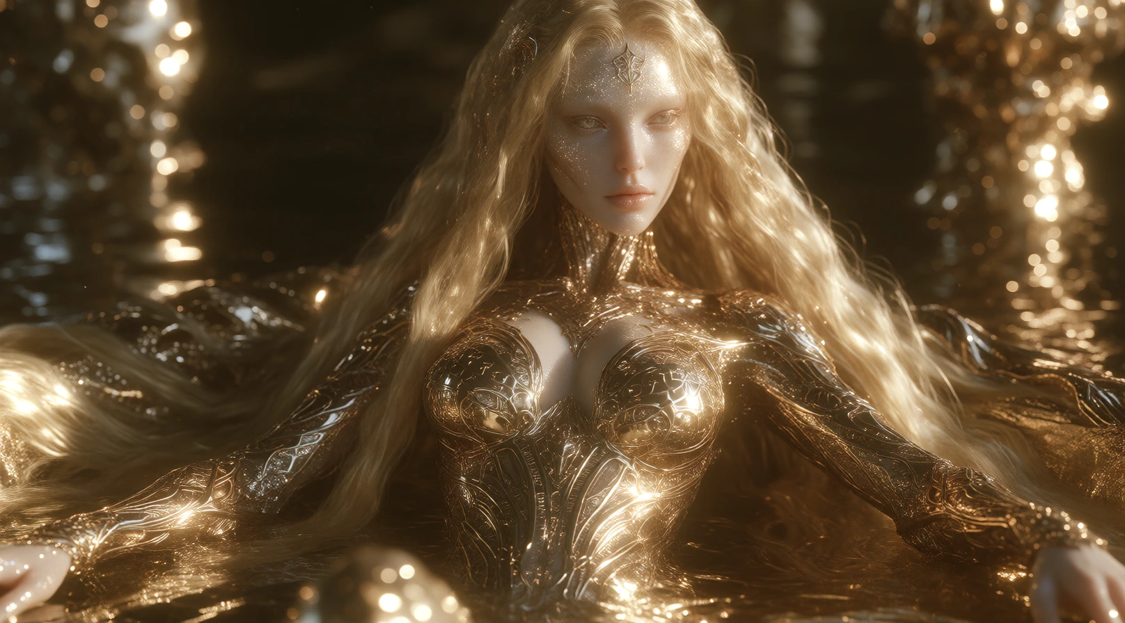 stunningly beautiful alien female sorceress, form-fitting golden runic bio-armour, massive cleavage, ultra-long golden-blonde hair, theme metallic gold, glitter, oily, radiant, extravagant, wealth, molten gold bath