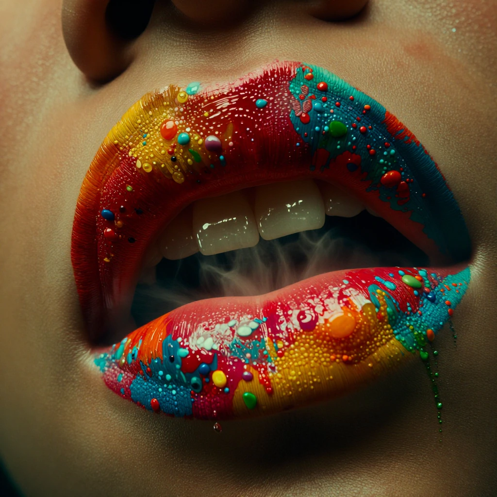 Macro close up of a beautiful full pair of lips painted in a riot of colours like fingernails.