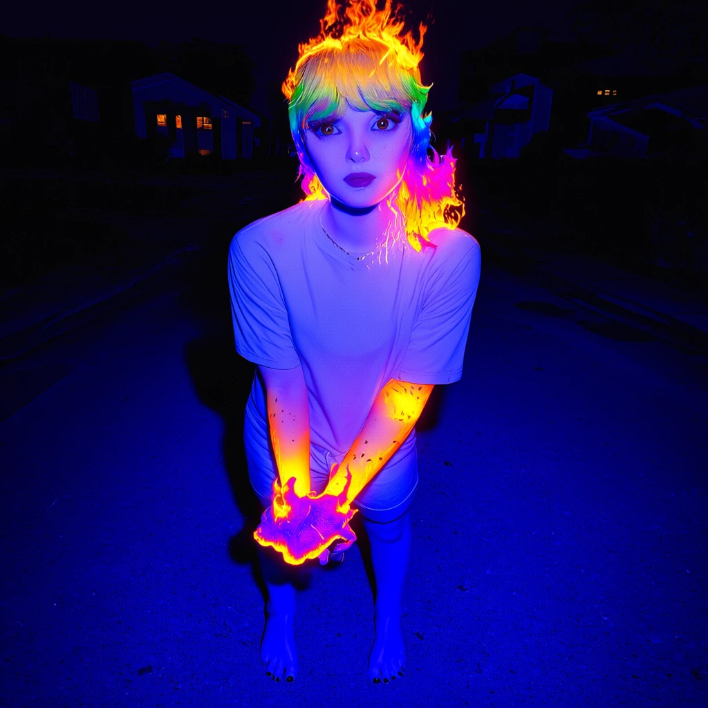 masterpiece, best quality, absurdres, princess_peach, rainbow hair, standing, blue_eyes, white shirt, white shorts, barefoot, from front, full_body view, simple background, tan background, Those bright flames are the primary light source, casting har