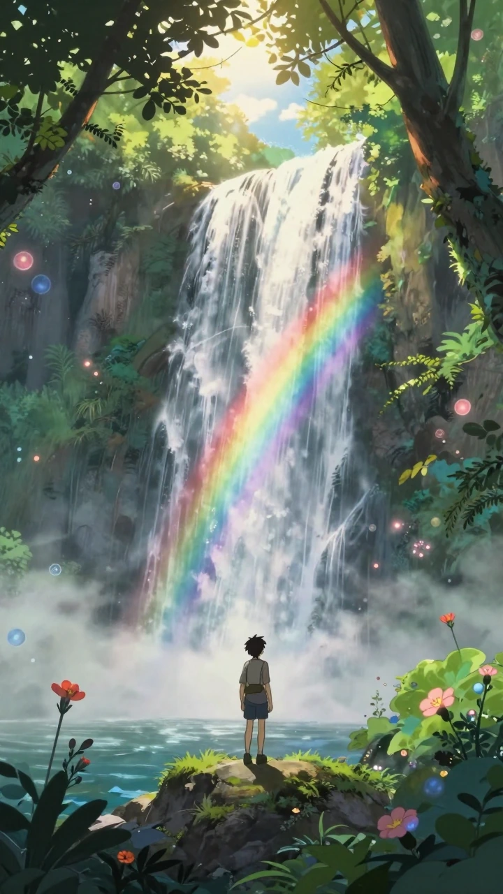 Cinematic anime fantasy landscape: a lone traveler silhouetted on a rocky ledge, gazing at a massive waterfall plunging into mist-shrouded depths, lush canopy framing the scene with bioluminescent flowers releasing soft spore-clouds that catch prisma