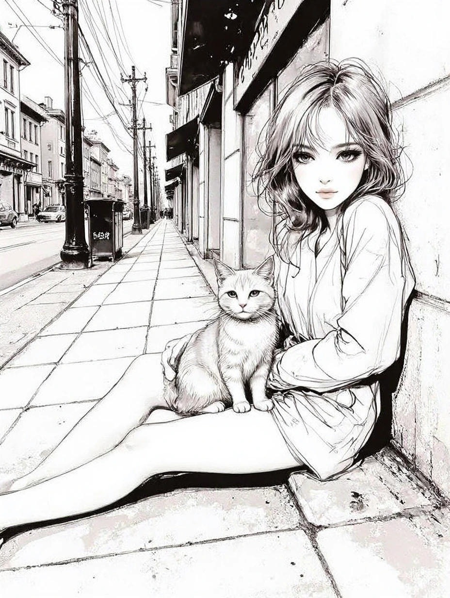 city sidewalk girl sitting against wall with cute cat
