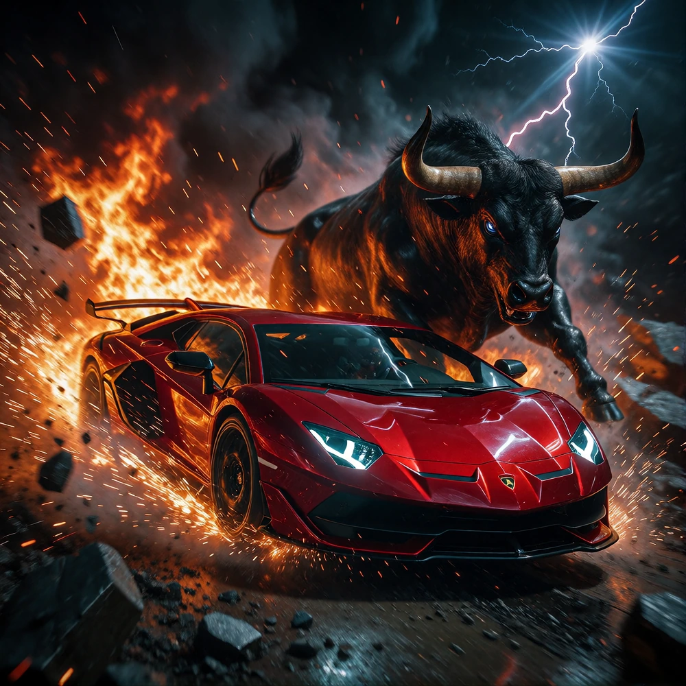 A blood-red Lamborghini Aventador SVJ in full action, transformed into a mythological fusion with a colossal black bull with gleaming carbon-fibre horns. The bull-car charges furiously across an arena of shattered concrete, sending up an explosion of