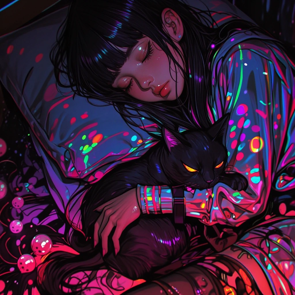 Woman having trouble going to sleep, but the cat is sleeping great! Colorful