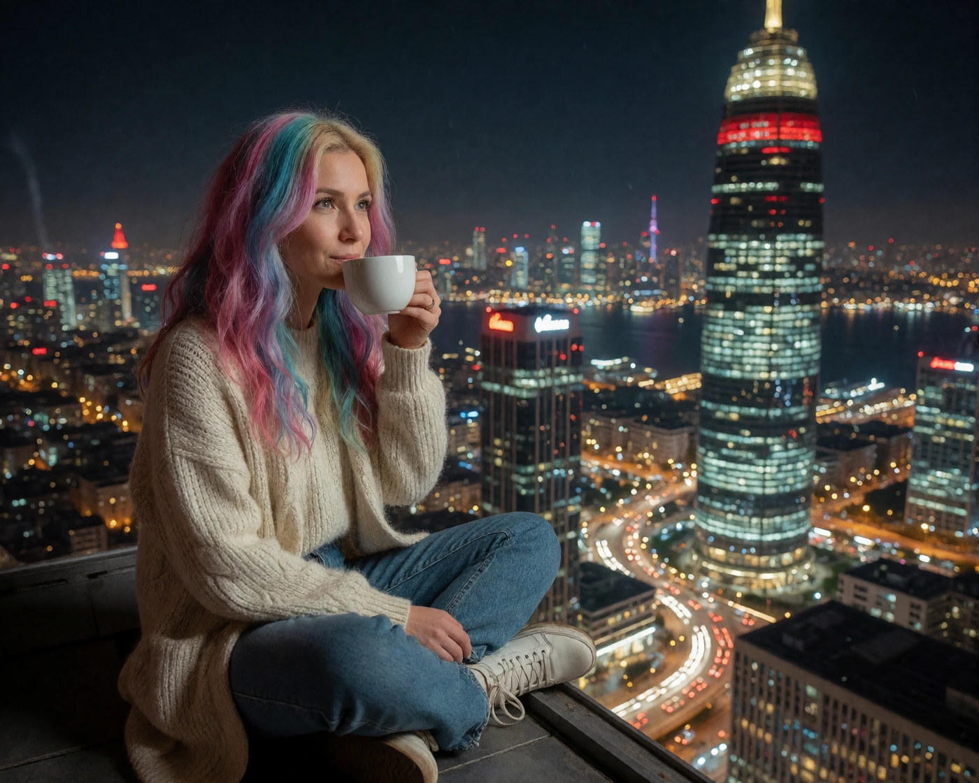 a woman with colorful hair sitting on the edge of a skyscrapers roof, drinking a cup of coffee, dreamy look, the background shows Istanbul by night