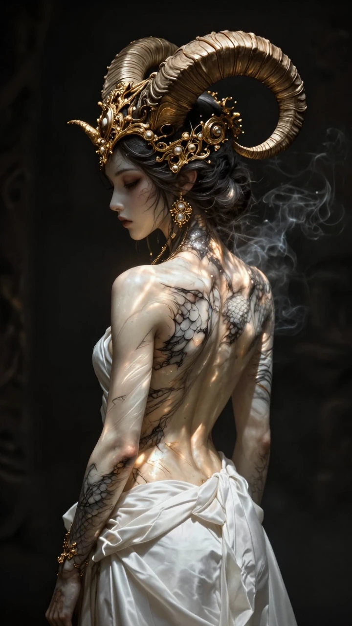 A striking fantasy gothic character shown in side profile, bare back exposed with smooth semi-metallic ivory skin transitioning into a dark marbled sc