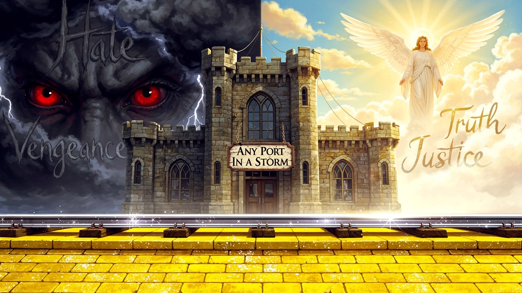 A train station between two dreams; A Train Station resembling a Fortress with a sign reading "Any Port In A Storm" sits in the centre of the image. The railroad runs from left to right passing in front of the station, the rails are shinning silver t
