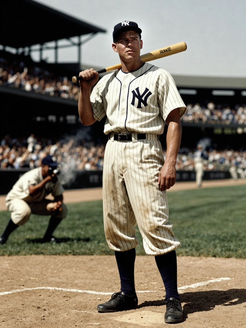 Capture a weathered 1940s New York Yankees baseball player standing confidently on a sun-drenched diamond, wearing the iconic pinstripe wool uniform with navy blue "NY" chest logo, stirrup socks, and a fitted flannel cap pulled low over his brow. Sho