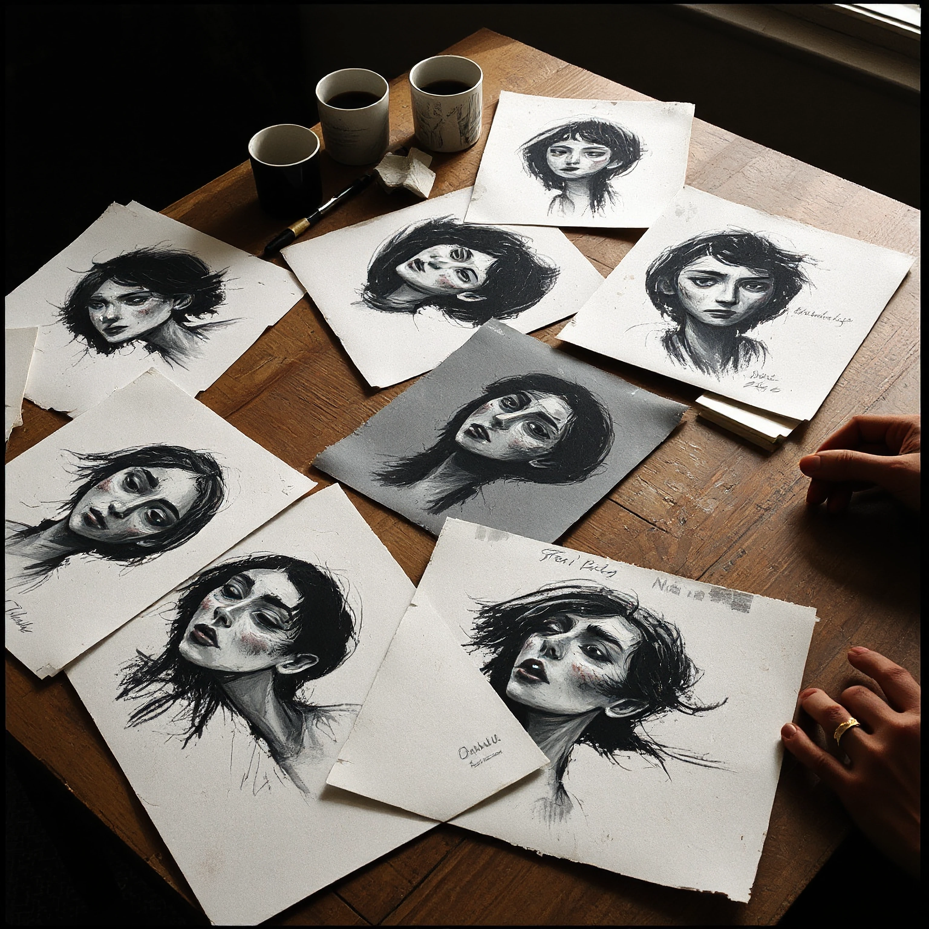 intimate artist's study of vulnerability, raw unfinished charcoal sketches scattered across worn wooden table, half-completed portraits showing emotio