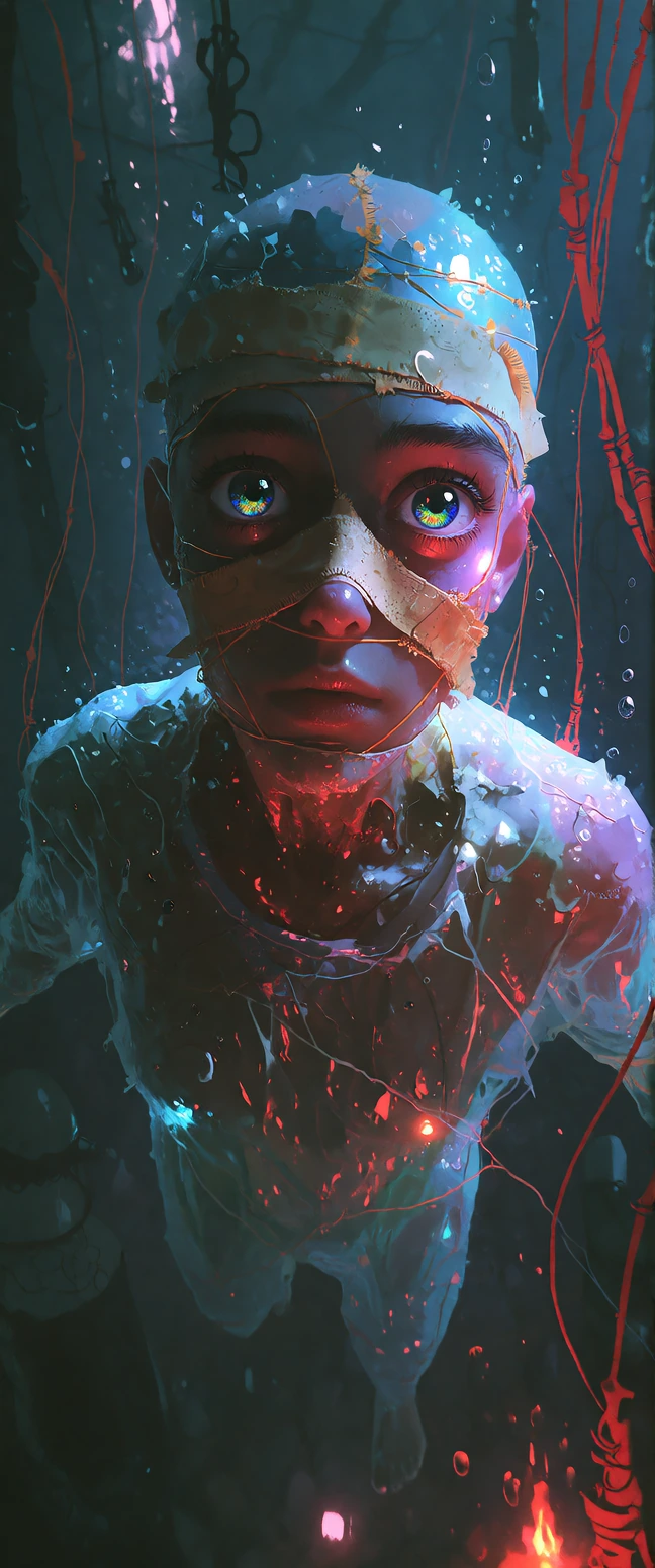 A semi-translucent, ethereal figure in a dark, surreal, dreamlike void. Details: - The figure has a hauntingly beautiful face wrapped in faint bandage