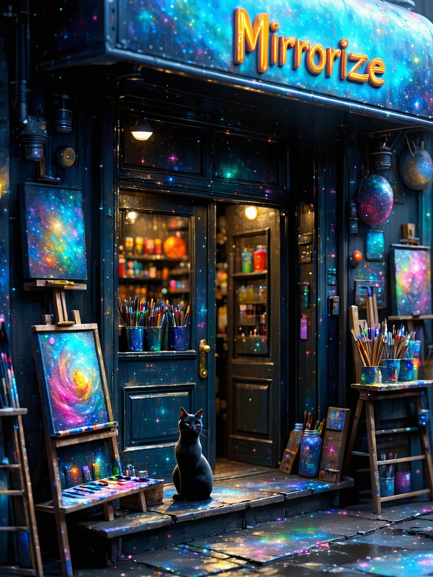 An art store floating in space called “Mirrorize” with paintbrush and other futuristic art designs painted on it. A black cat is in front of it.
