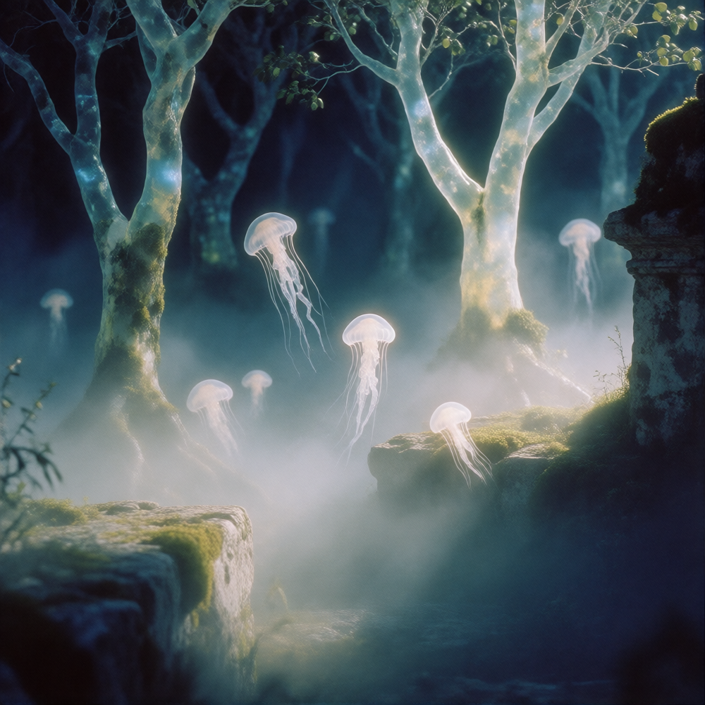 A surreal dreamscape, where luminescent jellyfish drift through an ethereal forest of whispered, translucent trees. Soft, glowing fog hangs low, revealing glimpses of forgotten stone structures covered in bioluminescent moss. The color palette is dee