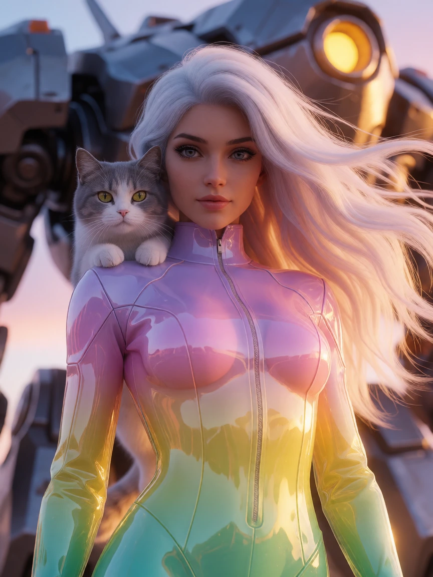 Closeup of a woman warrior long flowing platinum ombre hair with her cat and a giant mech, wearing a lavender pink yellow seafoam green glass jumpsuit, at sunrise