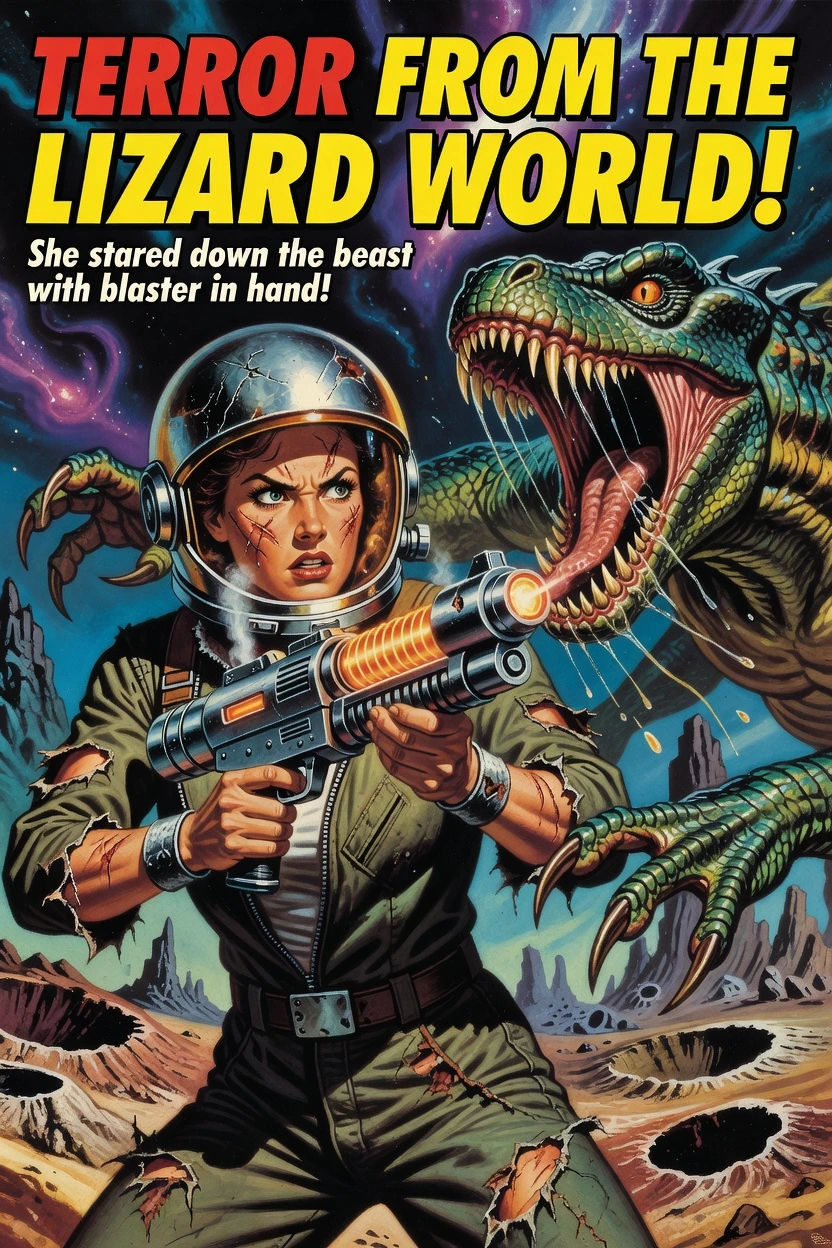 Pulp 1950s sci-fi magazine cover style, dramatic low-angle character portrait of a tough adventurous woman in a scuffed chrome space helmet and torn f
