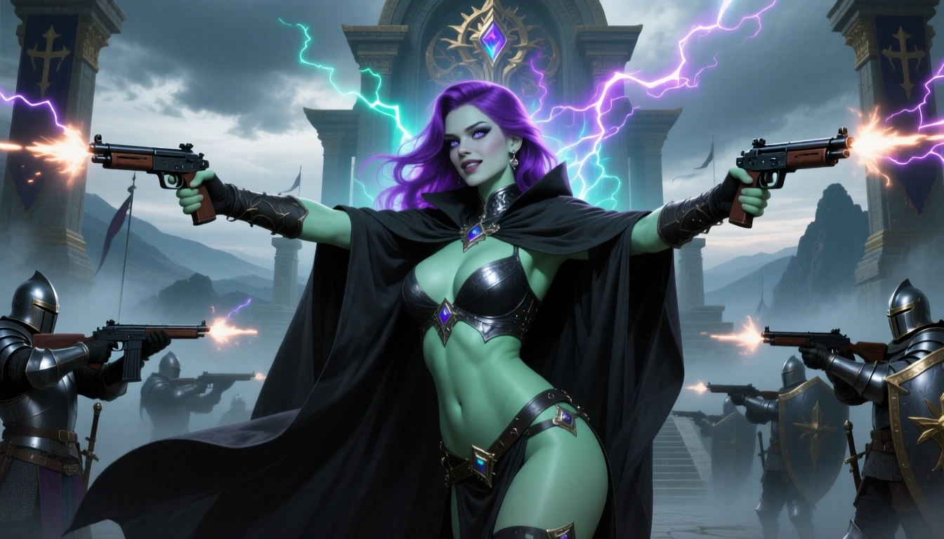 Sleek, toned physique woman, elegant curves, Regally beautiful face, striking silver eyes, lustrous purple hair cascading past her shoulders, smooth flawless pale green skin, with a heavy deep rich charcoal cloak draped loosely over her shoulders tea