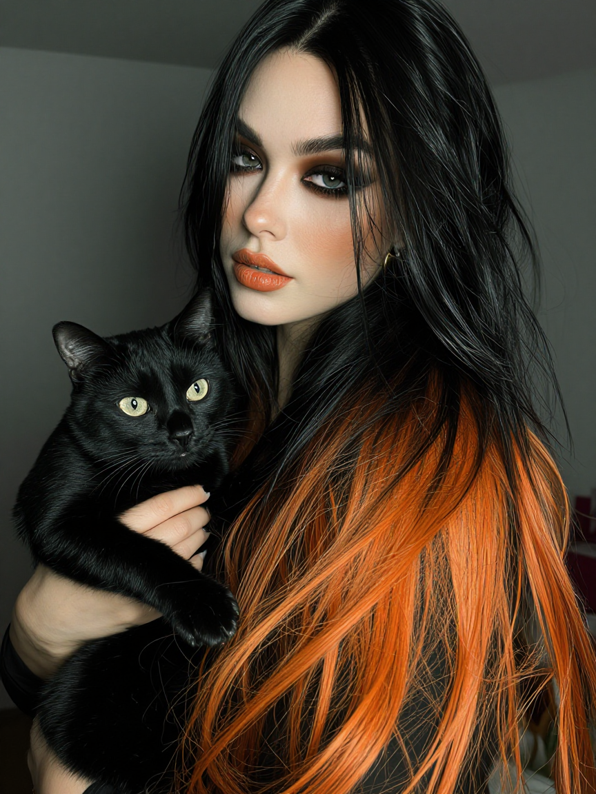 Vampirepulp woman, long flowing black orange black ombre hair, light orange lips, black eyeshadow, with her cat