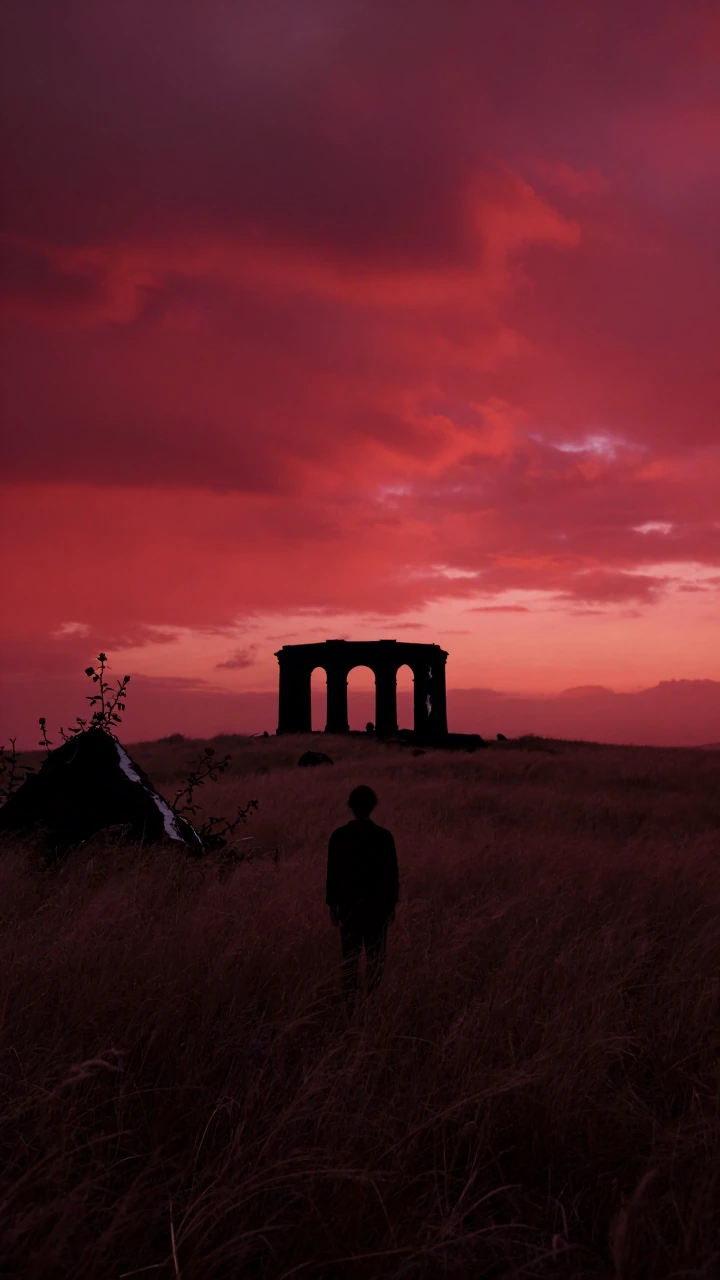 A haunting, beautiful outdoor scene that feels slightly wrong in a good way: a lone figure in a windswept field beneath a blood-red sunset, with a minimal black stone structure in the distance, reduced to stark geometric forms and a few fractured arc
