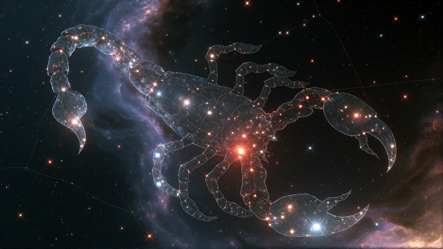 Medium-distance 3D deep-space view of the true astronomical Scorpius constellation with strictly accurate star positions and curvature as seen in the real night sky. Major stars: Antares glowing deep red-orange near the heart, the three claw stars Ds