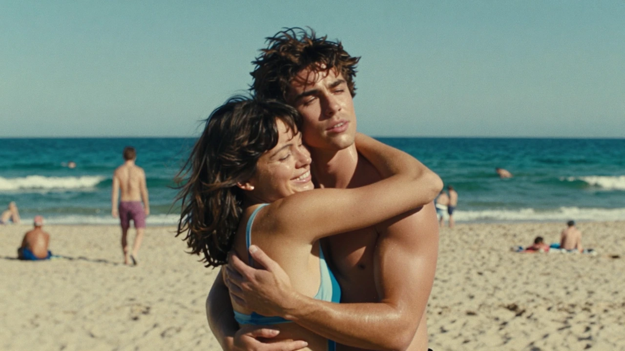cinematic film still of candid beach shot