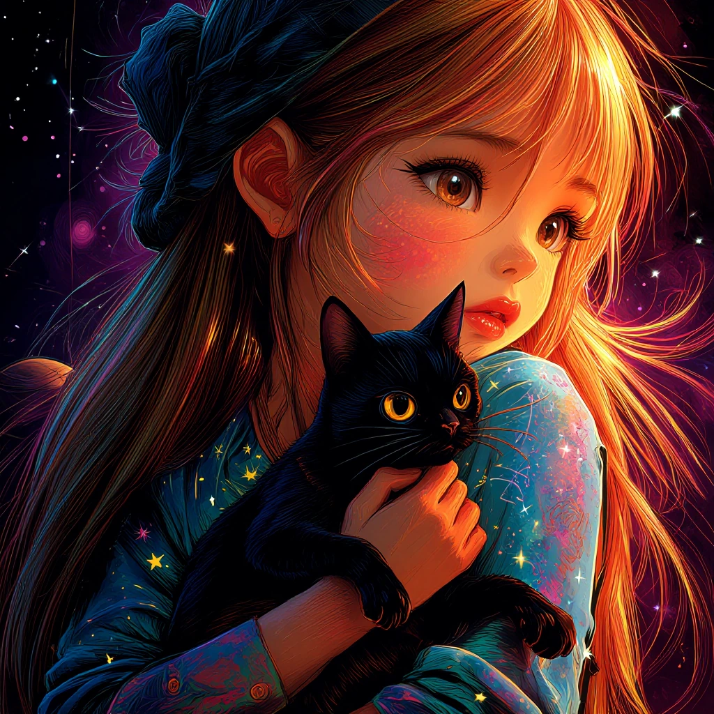 a colorful and whimsical portrait of a cute little girl with big eyes, wearing a blue starry dress and holding a black cat in a space background, the painting features bright colors, oil paint on canvas, high detail, a vivid color palette, and colorf