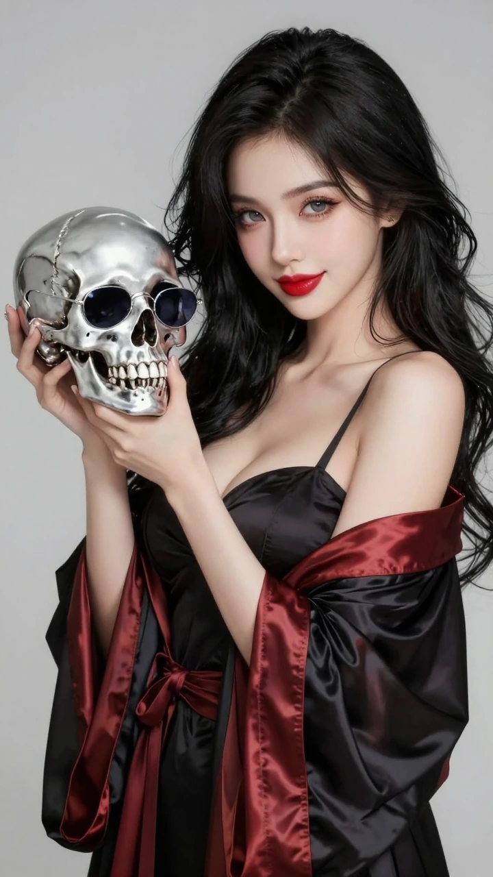 A stunningly beautiful young Japanese sorceress with sensual grey eyes deep dimples full crimson lips and lustrous wavy black hair. She wears a knowing smile draped in silky magician's robes that accentuates her sleek lithe and highly defined curvace