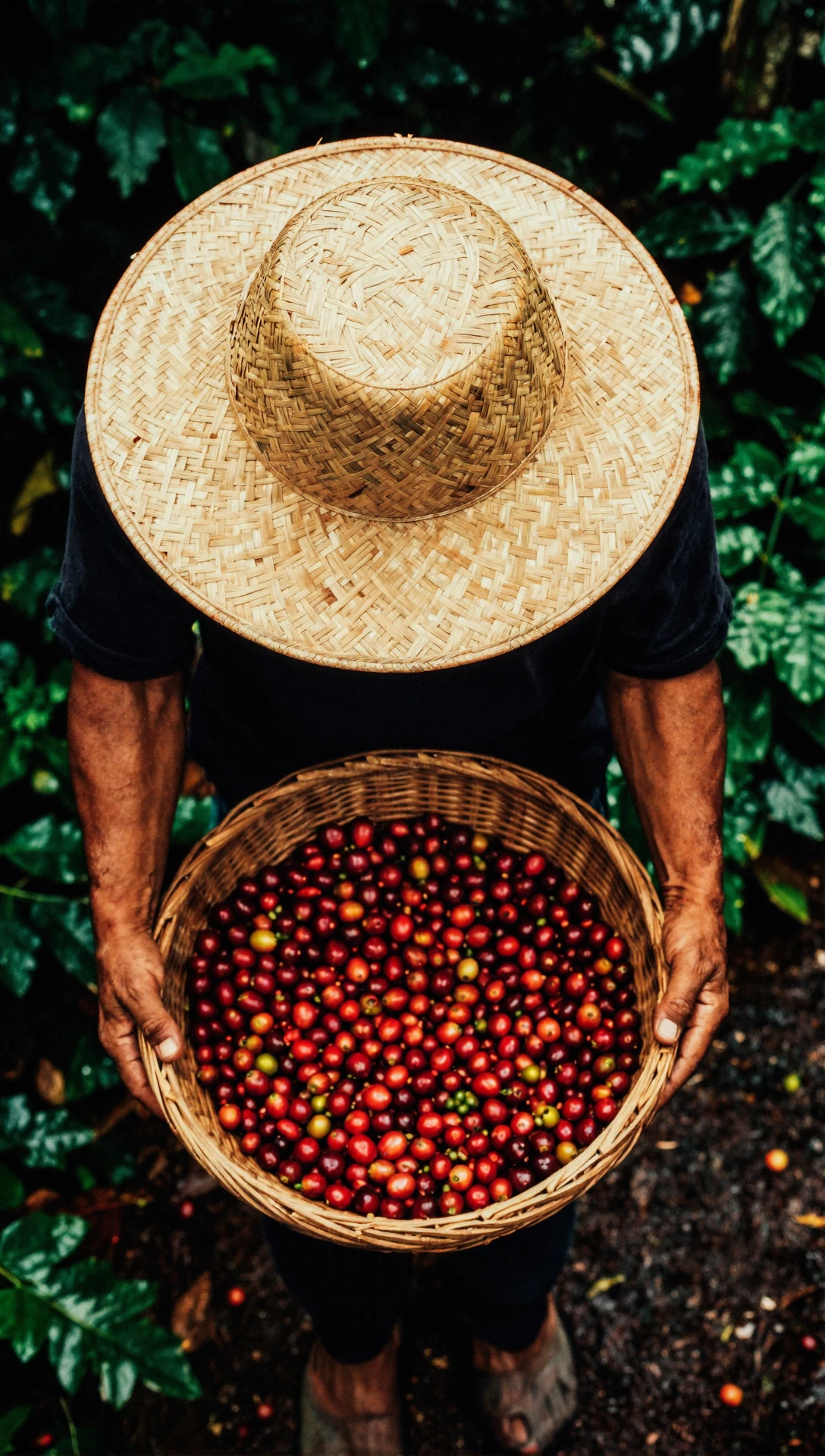 Create an image that Shows a Top down close shot of a coffee farmer in a lush Costa Rican rainforest, face hidden under a wide woven straw hat, weathe