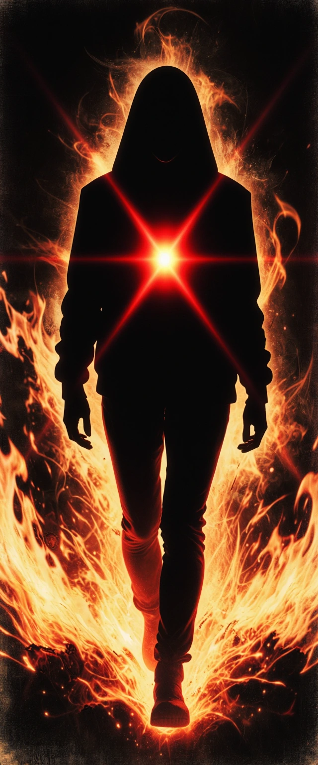 A hyper-detailed, dark fantasy portrait of a resilient, shadowy figure walking through a tempest of roaring, dynamic flames. The atmosphere is heavy and wrathful, with harsh, cinematic contrasts between deep shadows and blinding firelight. The enviro