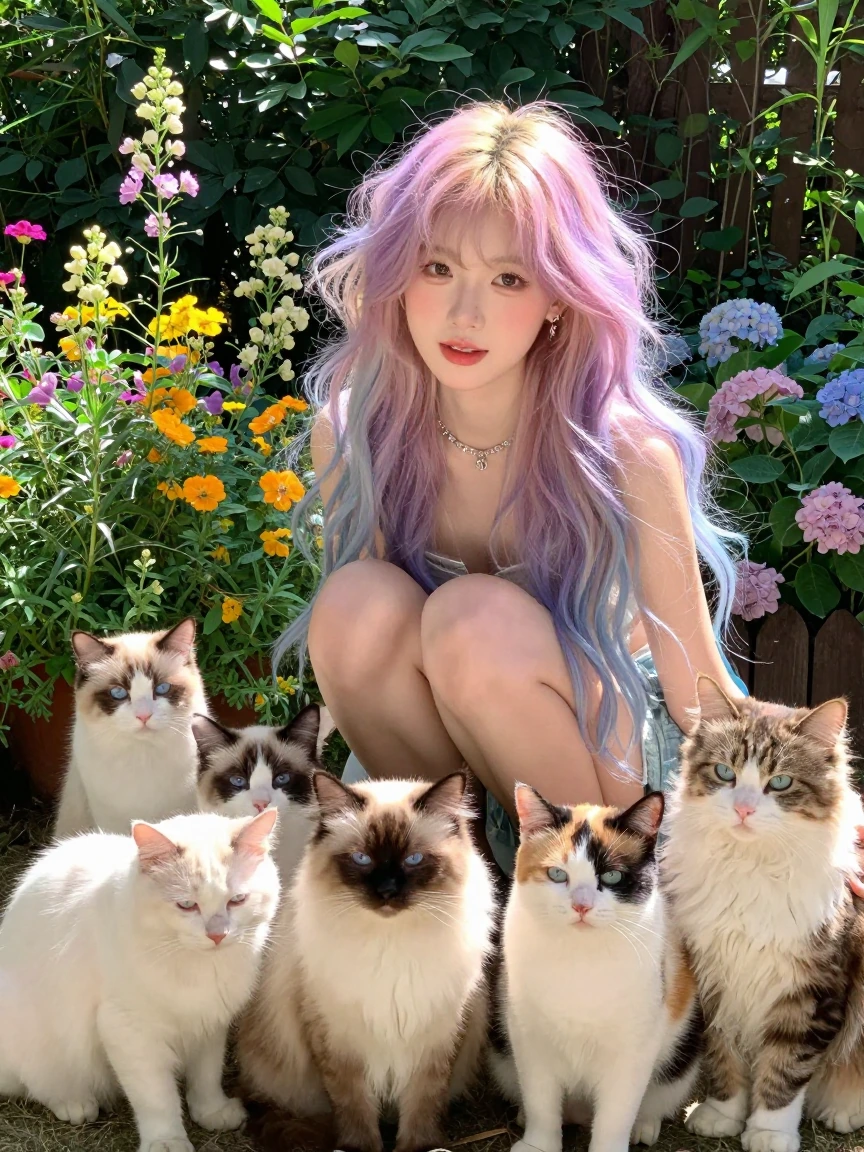 Crazy girlfriend pastel hair outside in the bright sunlight surrounded by flowers. She is with five cats.