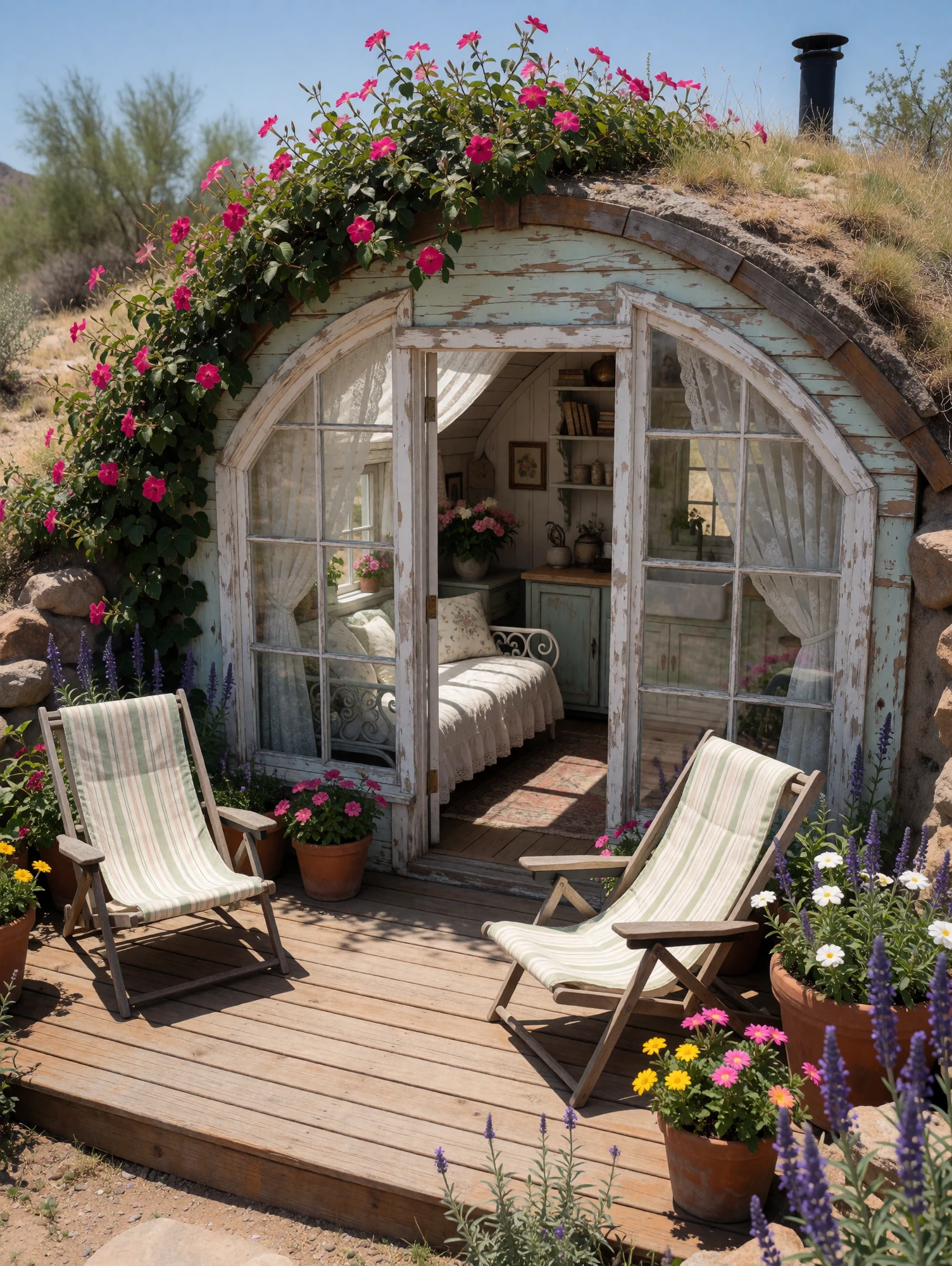 beautiful hideaway tiny home set half underground with huge windows. shabby chic interior, lawn chairs on deck, flowers everywhere, partially desert climate