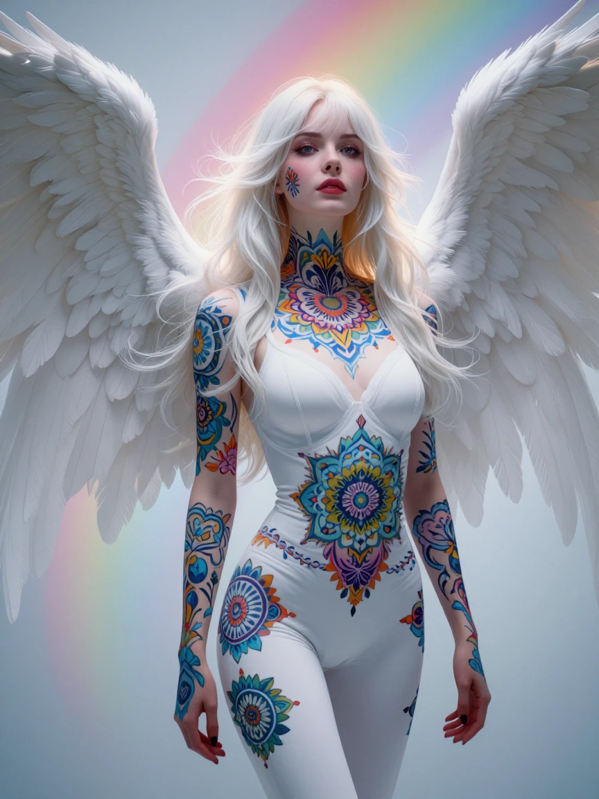 Ethereal angel with platinum blonde hair, ornate colorful mandala tattoos covering body, massive white feathered wings, wearing white fitted outfit, s