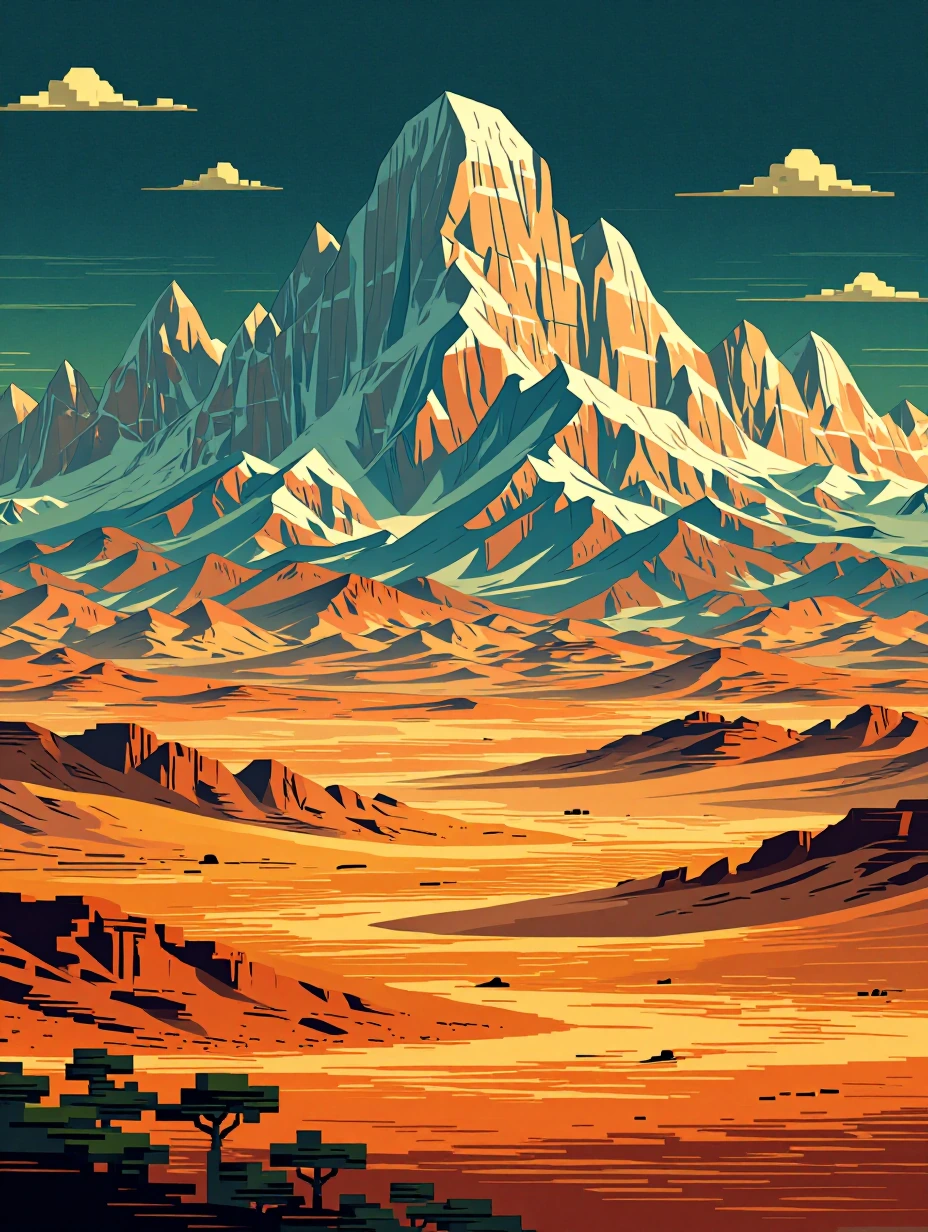 A fabulous mountain range rising from a awful desert. Pixel art
