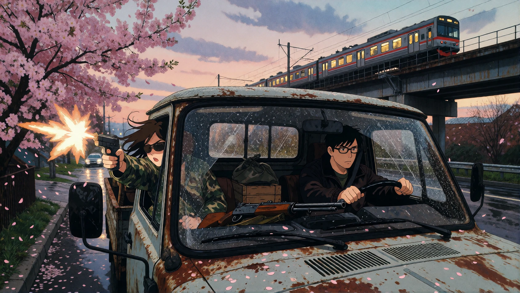 16:9 cinematic keyframe, Mirrorize V5, high-grade 2D theatrical animation production still, --sref 605943383 1:1 artstyle lock THEME: lock stock and barrel STYLE FIRST — if the style is wrong the shot is a failure Hand-drawn 2D anime cel. Bold imperf