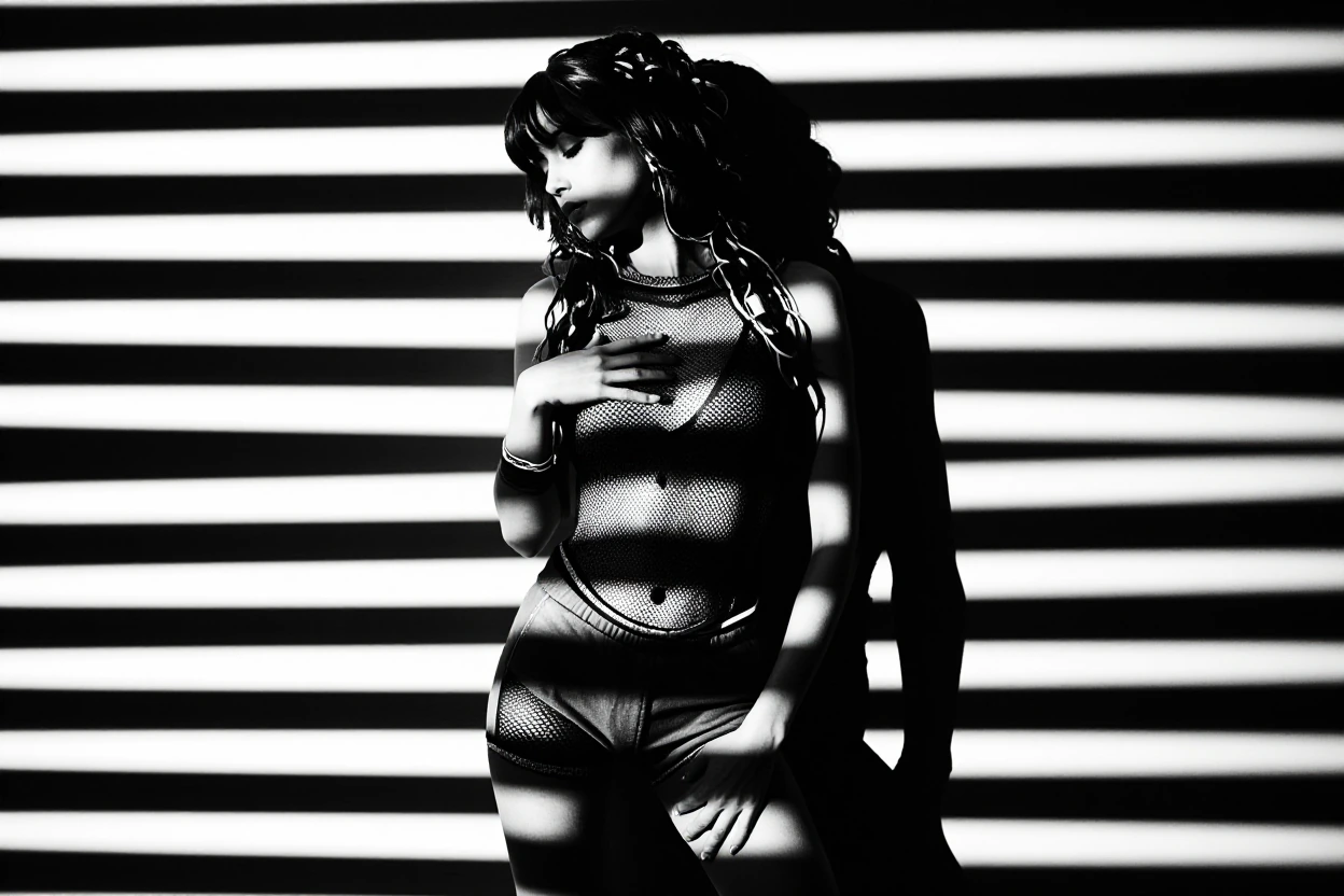 masterpiece, best quality, highres, A cinematic, surrealist portrait of a 20-year-old woman with a slender, flat-chested build, posed in a contemplative, suggestive stance with one hand resting inside the neckline of her apparel. She is rendered in a