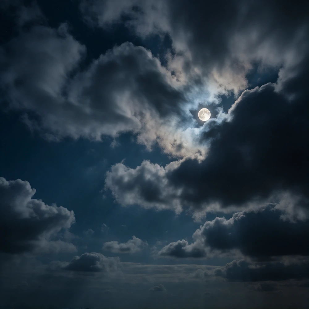 a moody night sky filled with dramatic swirling clouds, a bright full moon peeking through gaps in the cloud cover, soft silver moonlight illuminating the cloud edges, deep blue and gray tones, atmospheric, cinematic lighting, high contrast