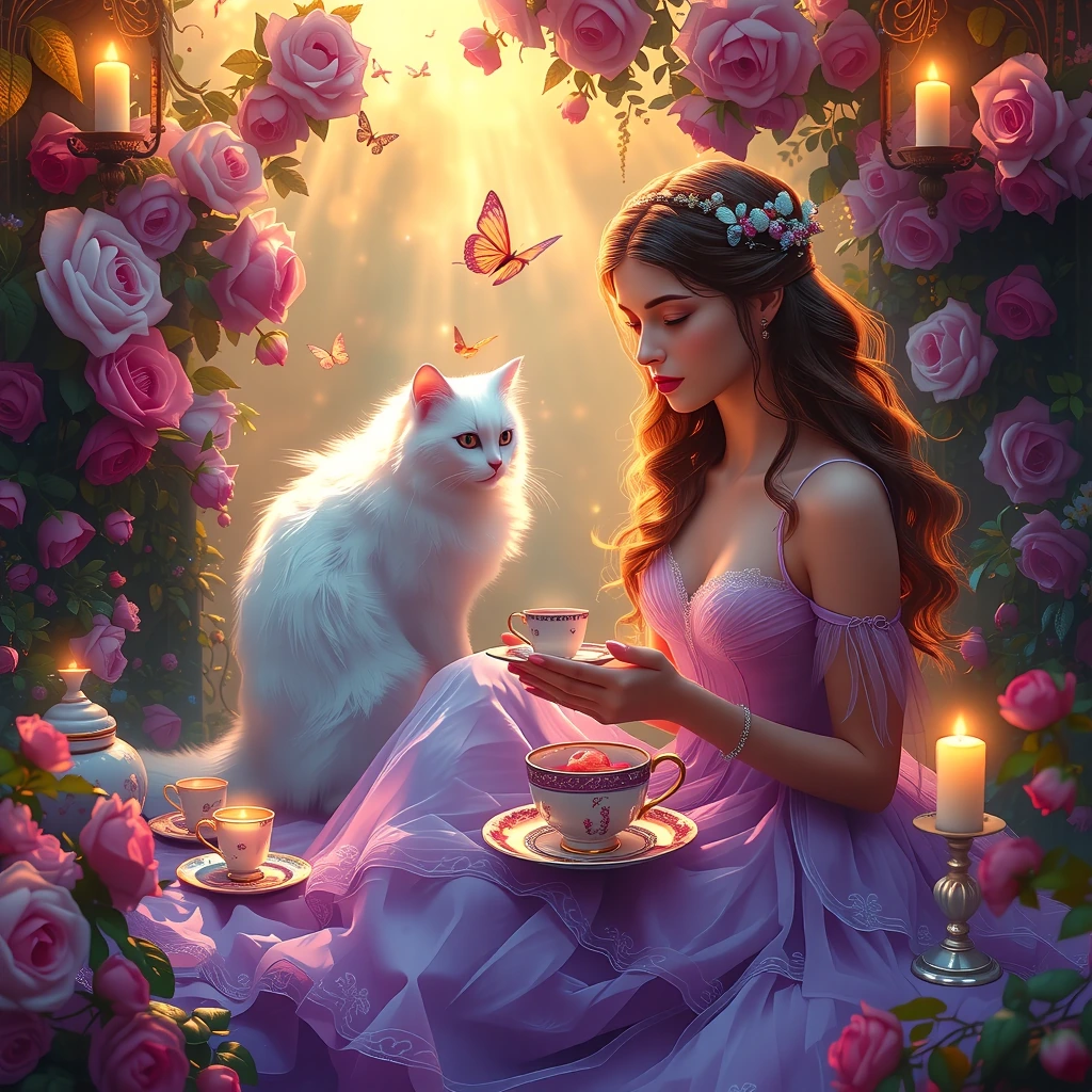 Ethereal woman in lavender dress taking tea with majestic white cat, enchanted garden bursting with roses and golden light, impressionist oil painting with magical realism, dreamy and romantic, soft vibrant colors, luminous porcelain skin, flowing br