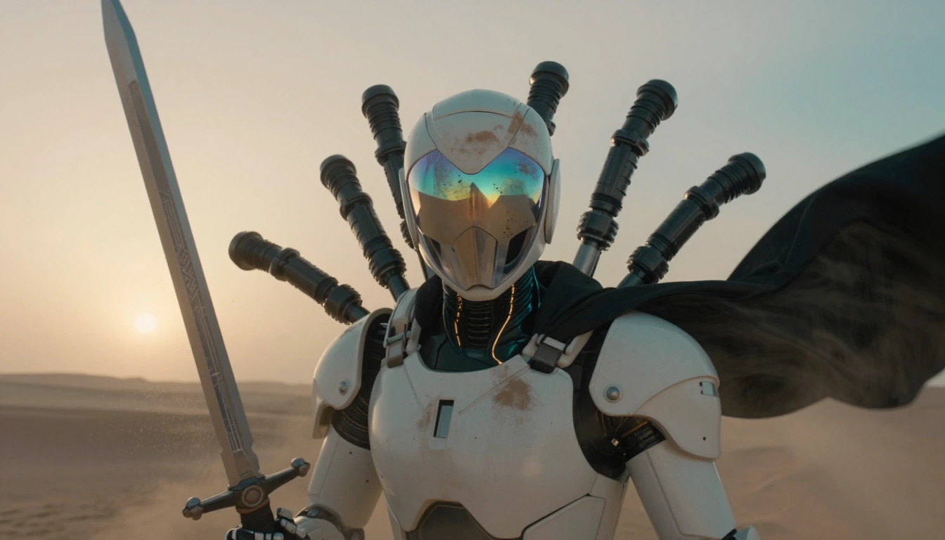 Half-length portrait of single horned humanoid figure with matte white cybernetic armor plates covering shoulders and chest, wearing reflective hologr