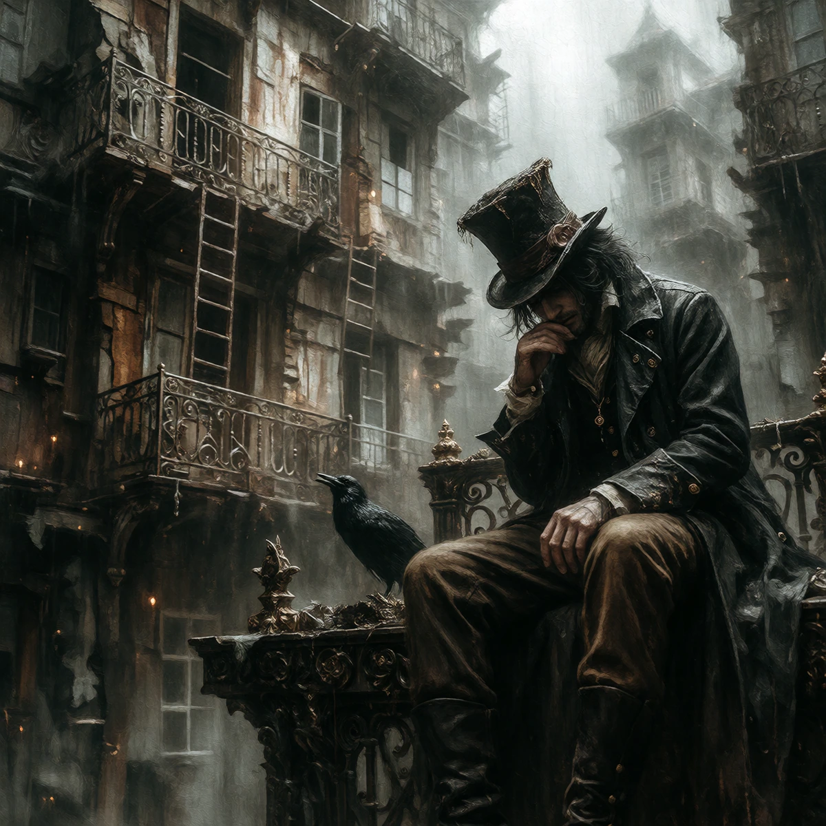 A detailed and atmospheric painting depicting a close-up of a melancholic, dark-gothic man wearing a dark top hat, a long dark coat and brown trousers, perched thoughtfully on the crumbling, of a multi-storey residential block, weathered by the eleme