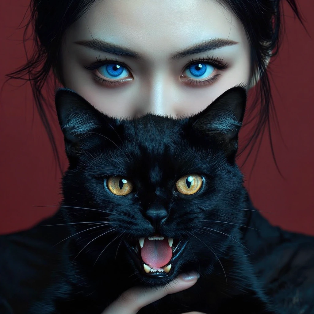 A striking close-up portrait of a remarkable woman with vivid, intense blue eyes and lips outlined in bright red, holding a black cat with a sleek coat close to her face. The black cat is in the foreground, looking aggressive, its mouth wide open, re