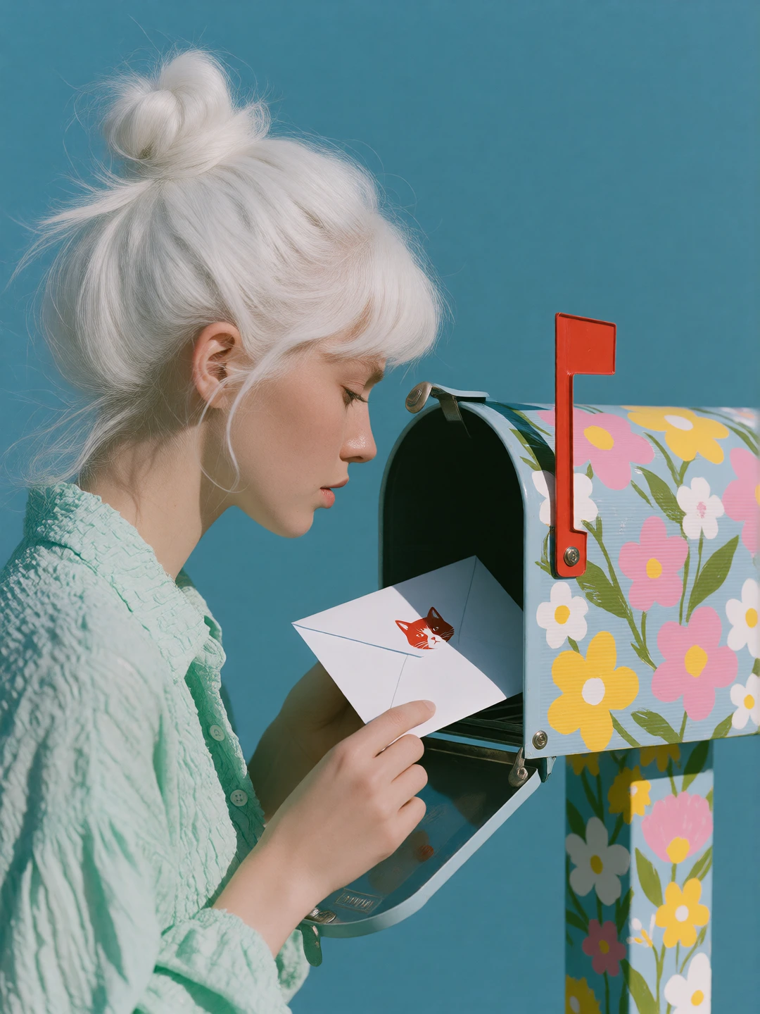 Surreal fluorescent, aqua fluorescent, pink fluorescent, yellow, white pastel green pastel blue, woman, white messy bun hair with her cat clothes up at a mailbox with flower designs on it. Mailing an important letter.