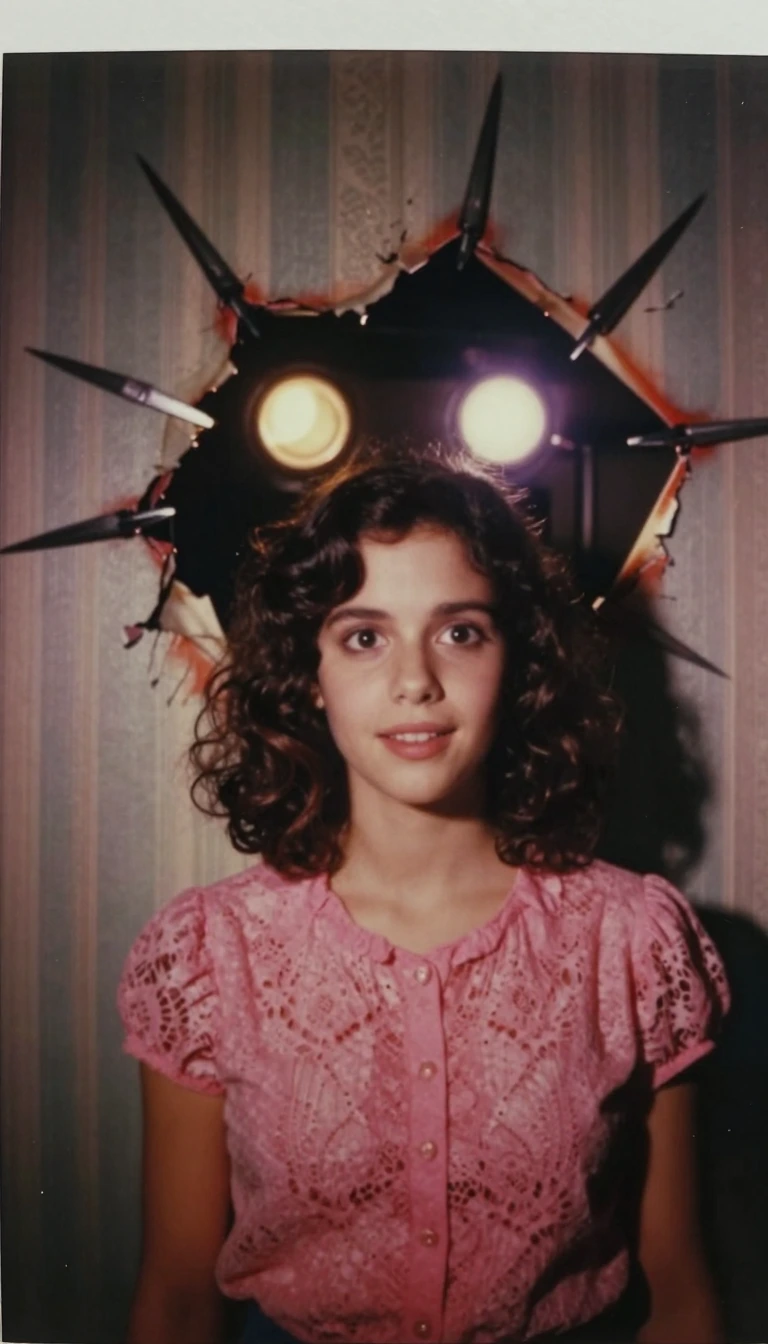 A 1980s vintage Polaroid of a girl with dark curly hair and a pink lace blouse. The Twist: At the midpoint, the warm flash lighting snaps to a flicker