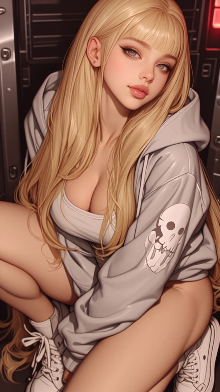 a highly detailed, digital illustration in an anime style, it depicts a young woman with light skin and long, straight blonde hair. She has large, alm