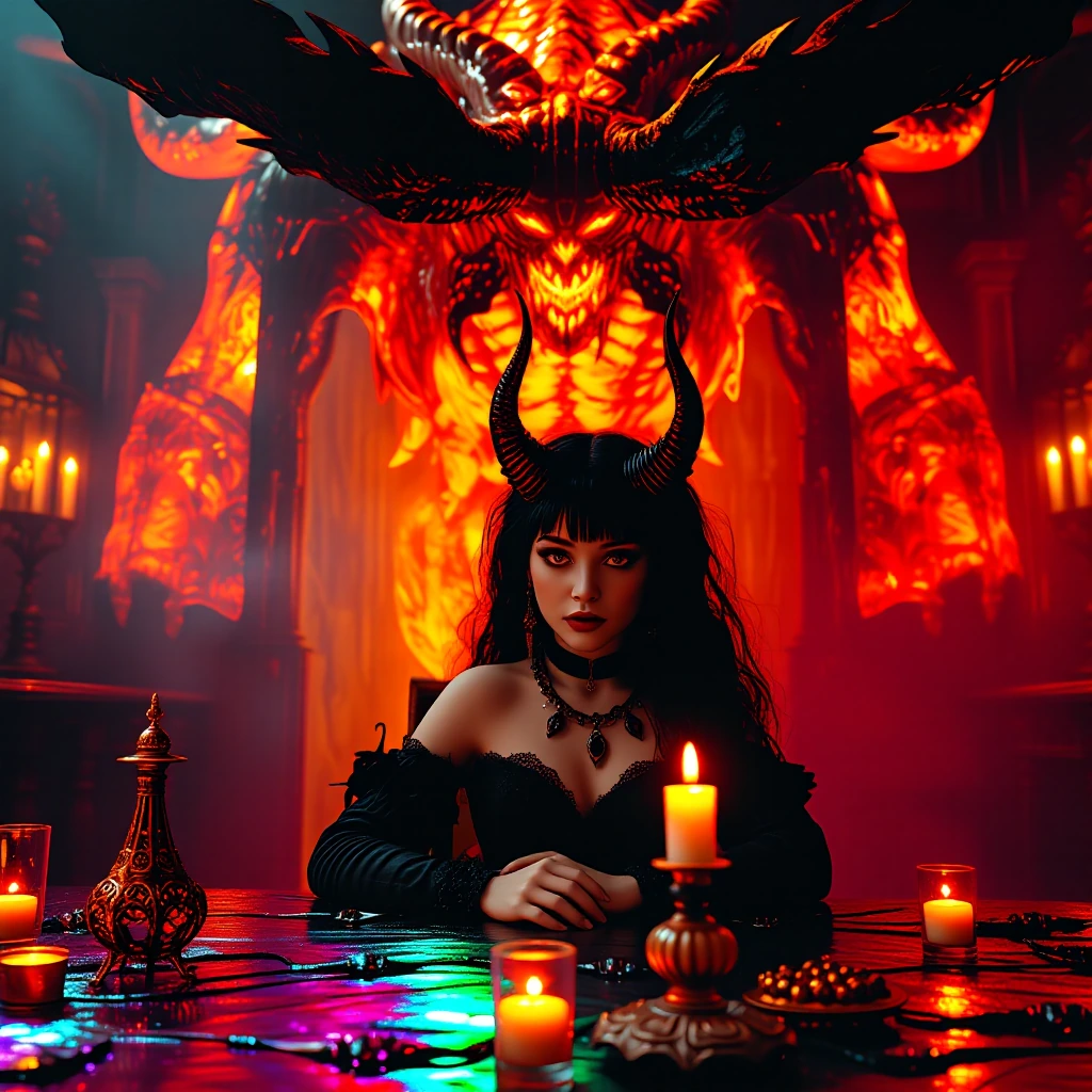 gothic girl with blacked out eyes, pale porcelain skin, dark dramatic makeup, sitting at ornate antique wooden table, mysterious candlelit ambiance, w