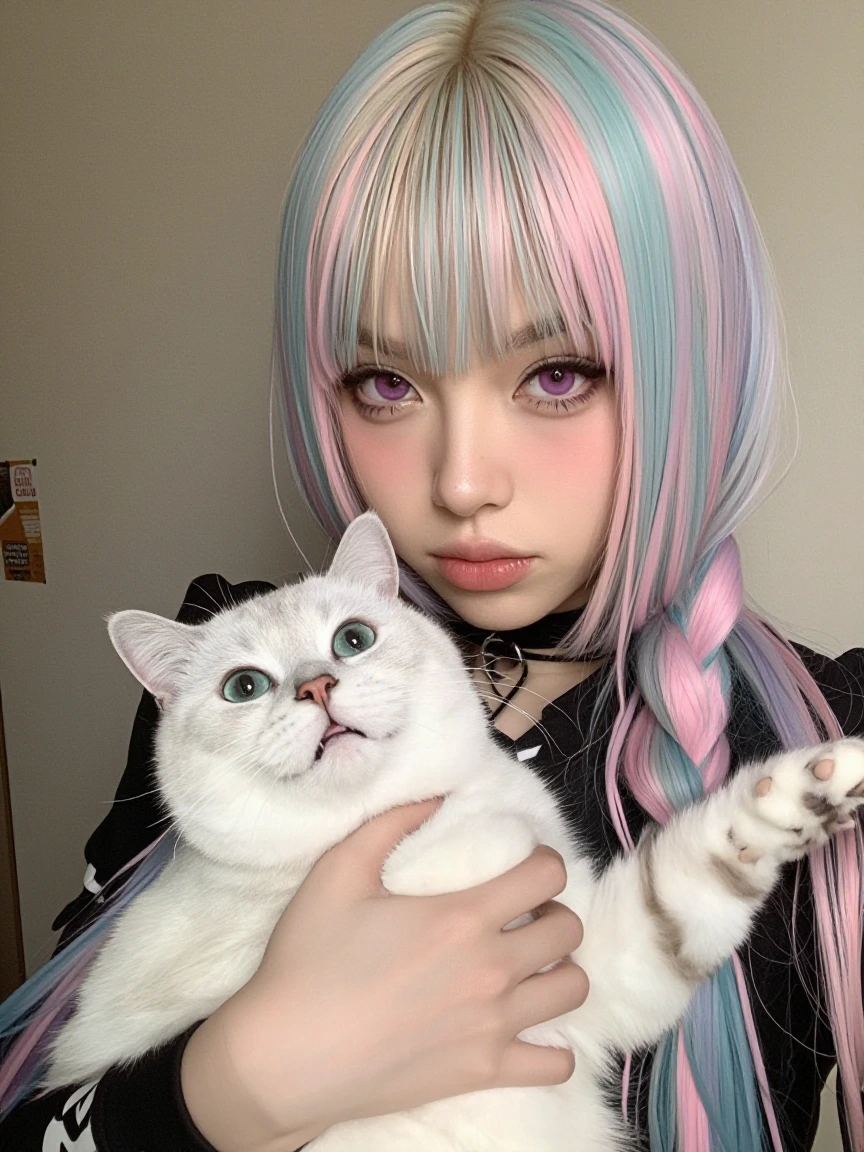 Woman pastel hair taking a selfie with her cat. No piercings