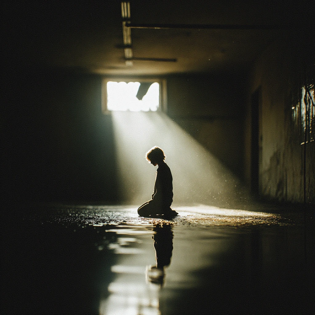 A solitary figure kneeling in a flooded basement, murky water reflecting their silhouette, a single shaft of dawn light piercing through a broken ceiling window, illuminating suspended dust motes and creating dramatic god rays, atmospheric volumetric